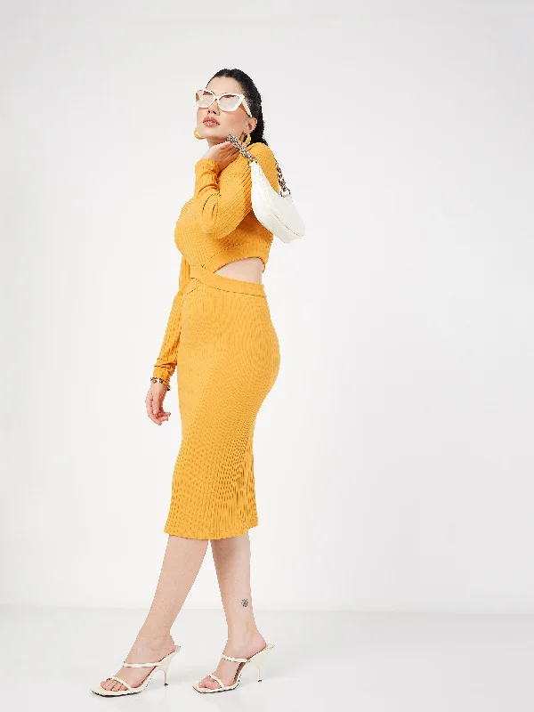 Women Yellow Rib Side Cut-Out Midi Dress