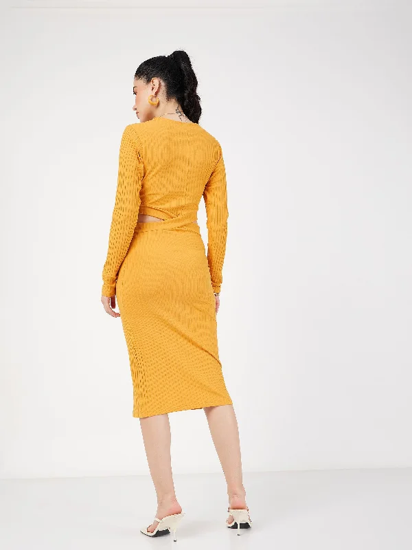 Women Yellow Rib Side Cut-Out Midi Dress