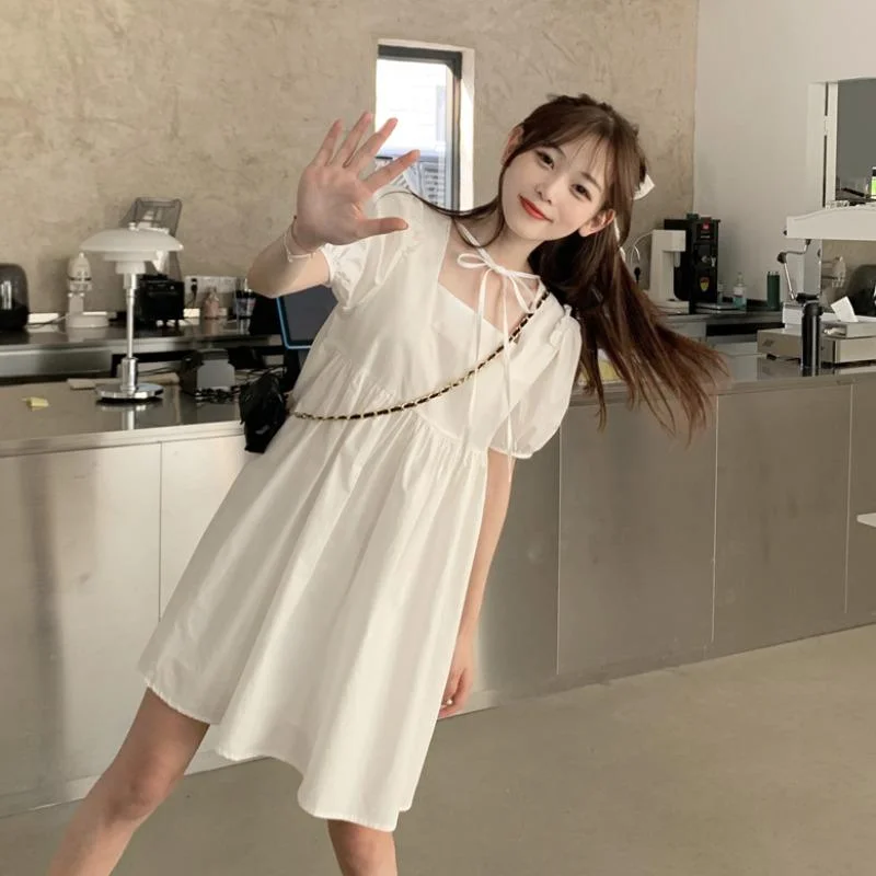 Women's Sweet Lace-up Square Collar Pure Color Dresses