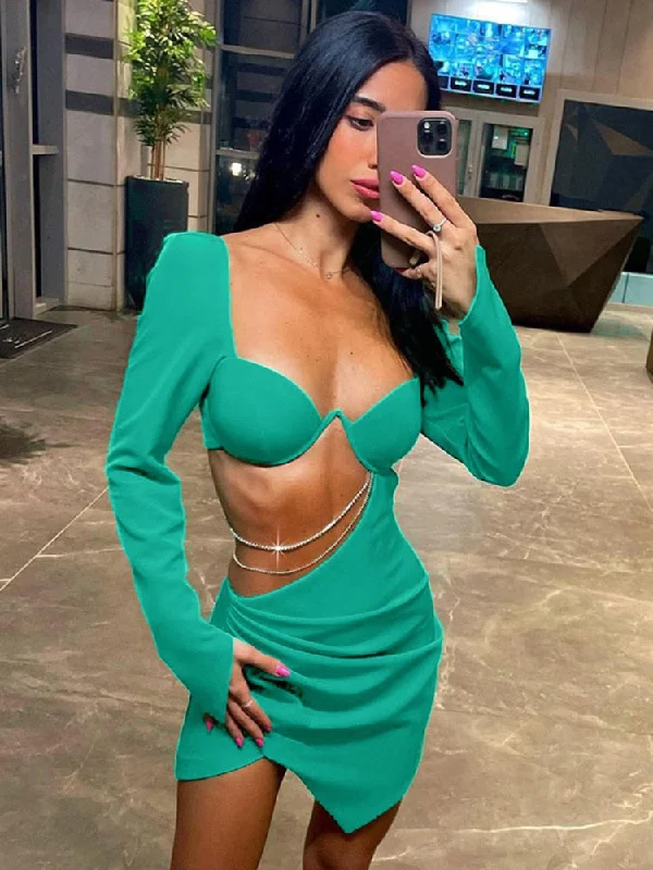 Znbbw Autumn Diamond Chain Hollow Out Full Sleeve Mini Dress For Women Fashion Green Backless Ruched Dress Vestido Clothes