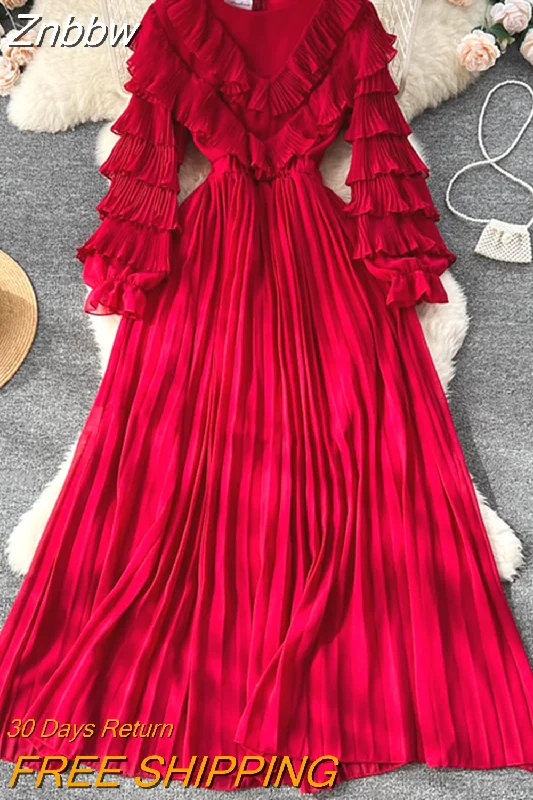 Znbbw Women Autumn Winter Dress New Style Agaric Ruffle V-neck Pleated Cake Sleeve Waist Closing A-line Pleated Long Dress D2155