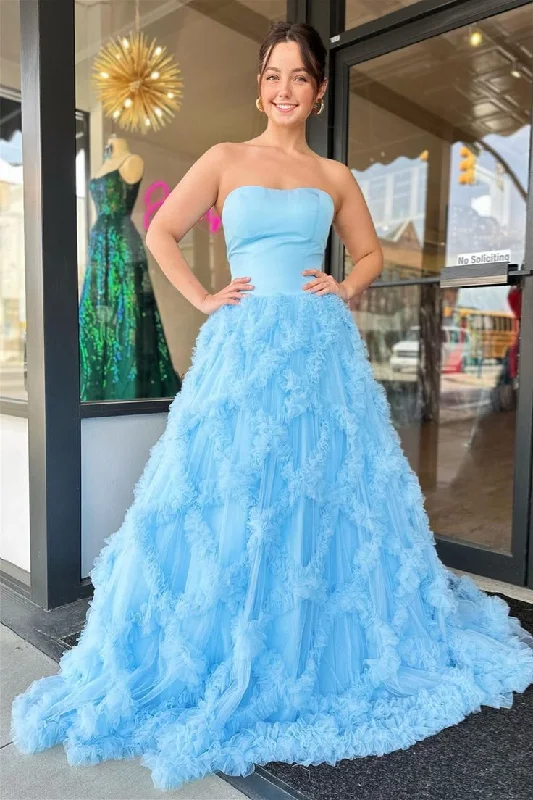 Light Blue Tulle Ruffled Net Streapless Long Prom Dress gh2775