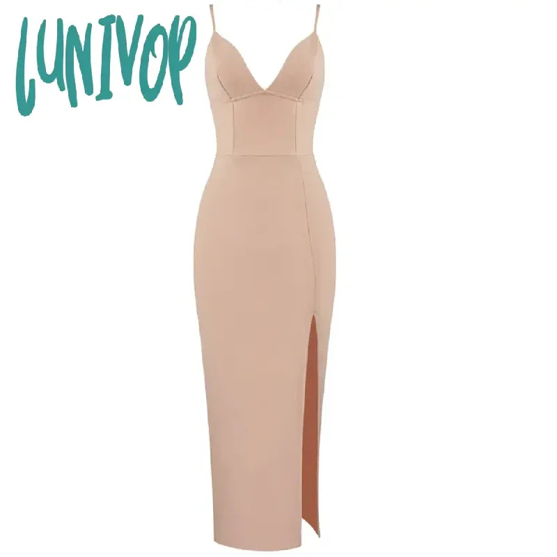 Lunivop 3 Colors Bodycon Bandage Dress Women Summer Sexy V Neck Split Midi White Black Designer Elegant Evening Party Dress Vestido