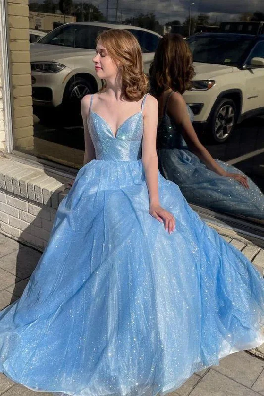 Sky Blue A-line Princess Spaghetti Straps Long Formal Evening Dresses Prom Dresses  gh1181