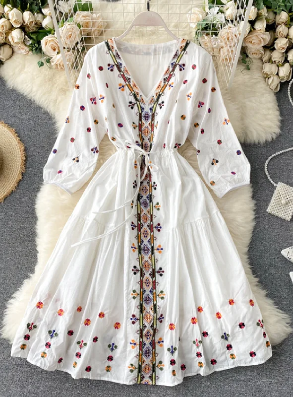 A line v neck embroidery long sleeve dress  1179