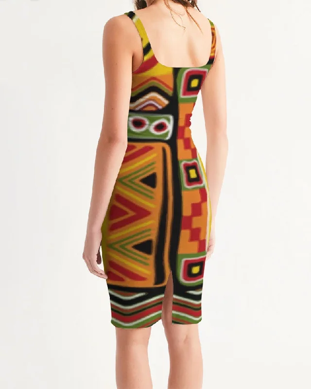 AKH African Mural Art Women's Midi Bodycon Dress