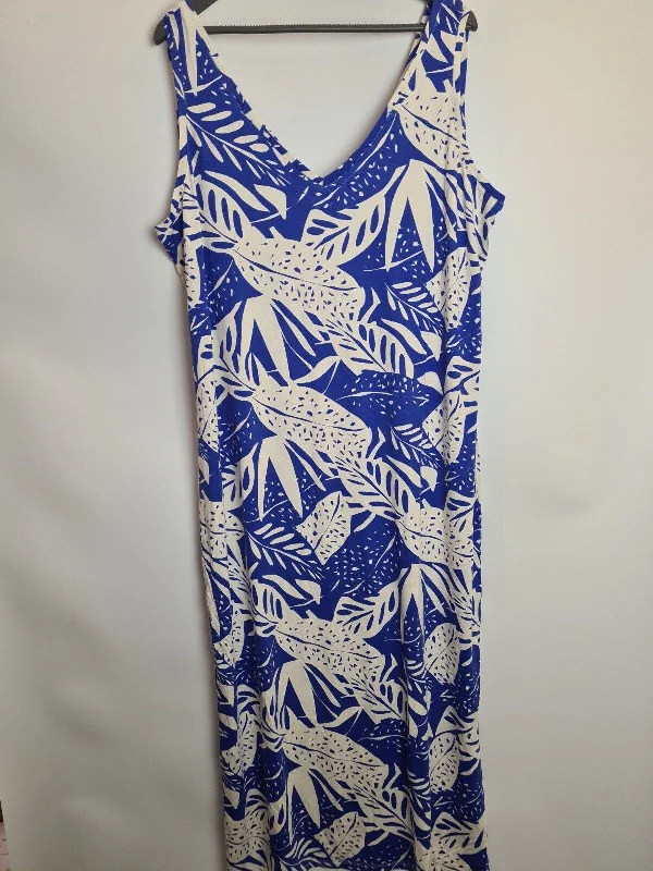 Blue And White Leaf Design Sleeveless V Neck Dress Size 16 **** V232