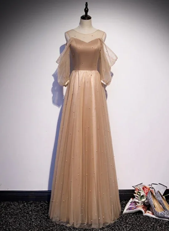 Champagne Tulle Long Puffy Sleeves Party Dresses, Beautiful Floor Length Prom Dresses  gh31