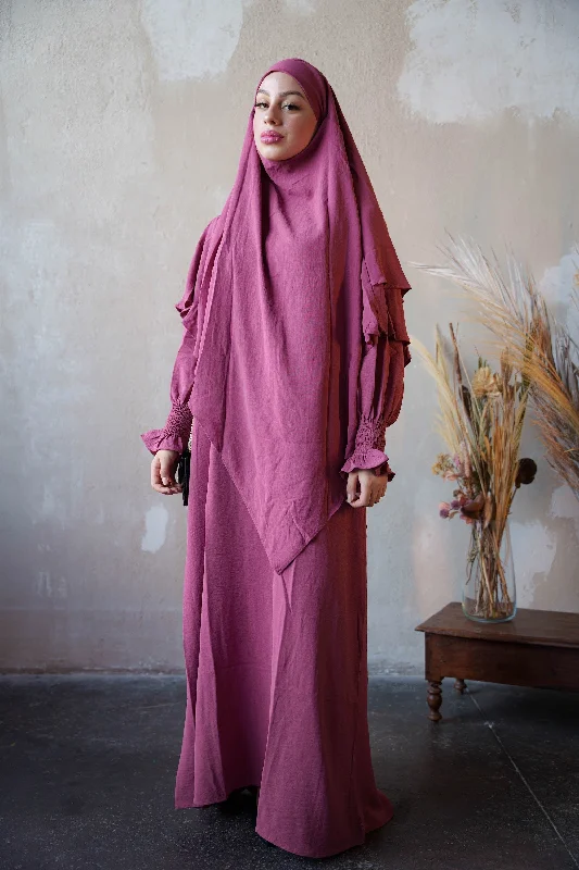 Dark Pink Ruched Cuff Bell Sleeves Abaya Maxi Dress