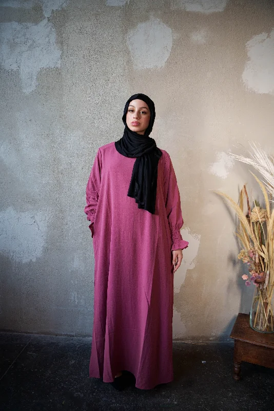 Dark Pink Ruched Cuff Bell Sleeves Abaya Maxi Dress