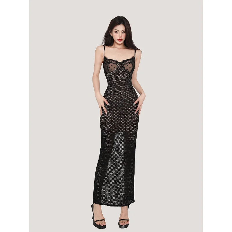 Latty Black Apricot Fishnet Slip Tight Slim V-Neck Long Dress