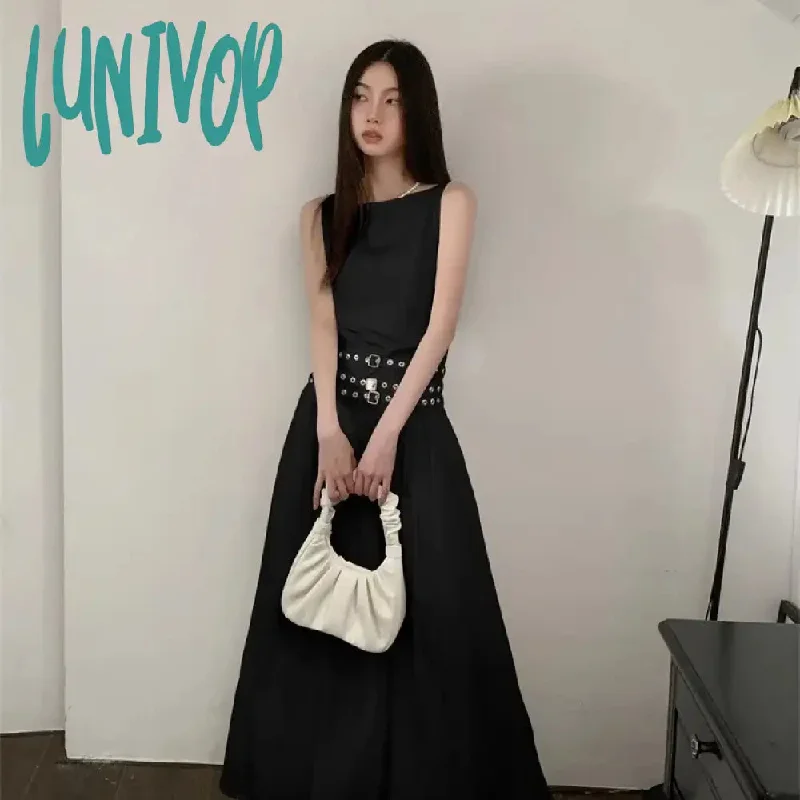 Lunivop Fake Two Pieces Fashion Solid Simple Belt Long Dresses Women Sexy Casual Slash Neck Y2k  Sweet Elegant sleeveless Vestido