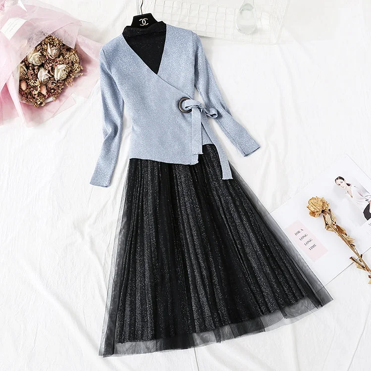 New long sleeve top pleated yarn skirt  2356