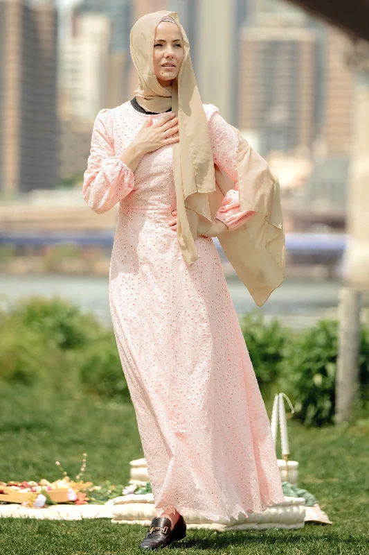 Peach Eyelet Long Sleeve Maxi Dress