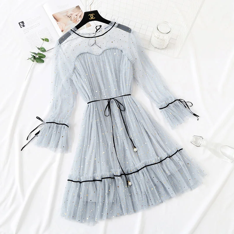 Sequin lace mesh dress women's autumn and winter loose bottomed doll dress  2173