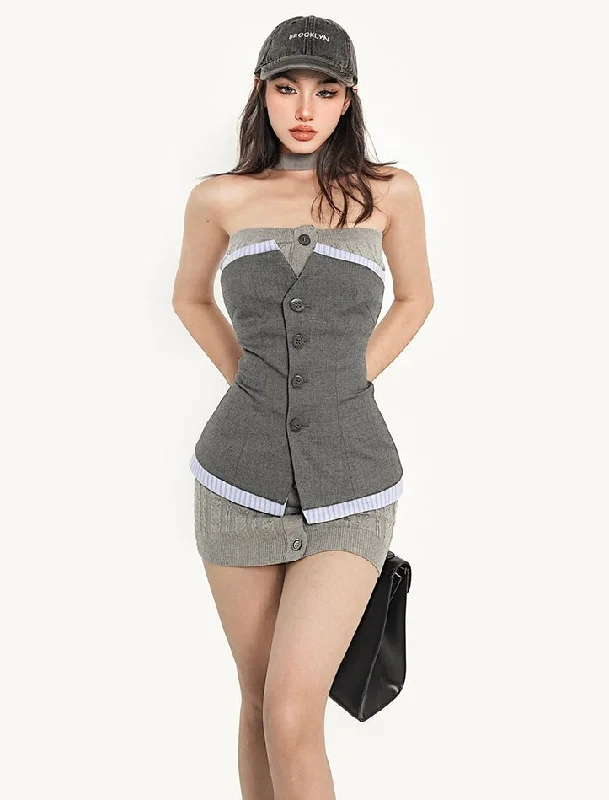 Tiara Solid Color Grey Gridle Knitted Mini Dress