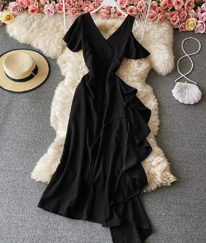 Unique V neck black dress short dress  896