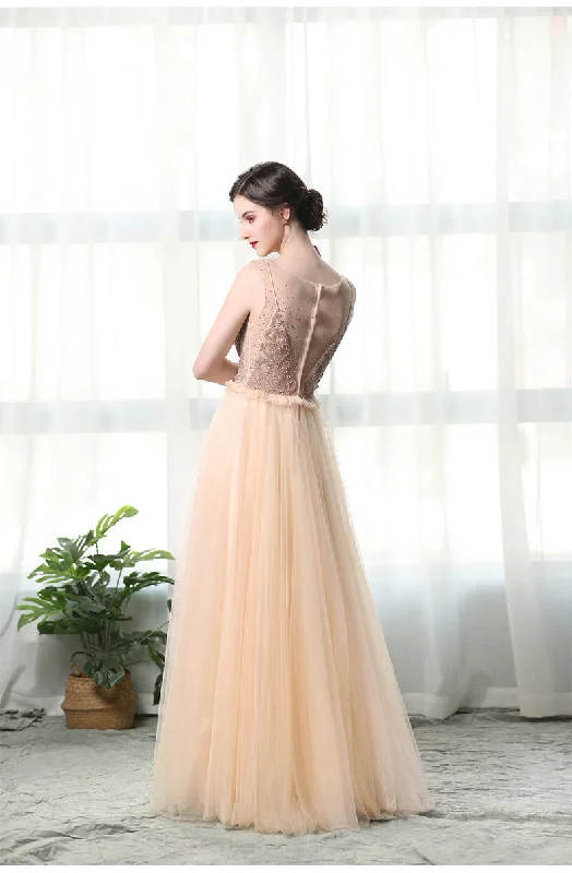 A Line Bateau Tulle Long Prom Dress With Beads OKL27