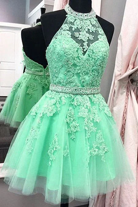 A Line Halter Tulle Appliques Backless Prom Dress,Green Homecoming Dress OK325