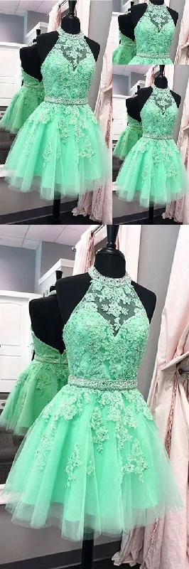 A Line Halter Tulle Appliques Backless Prom Dress,Green Homecoming Dress OK325