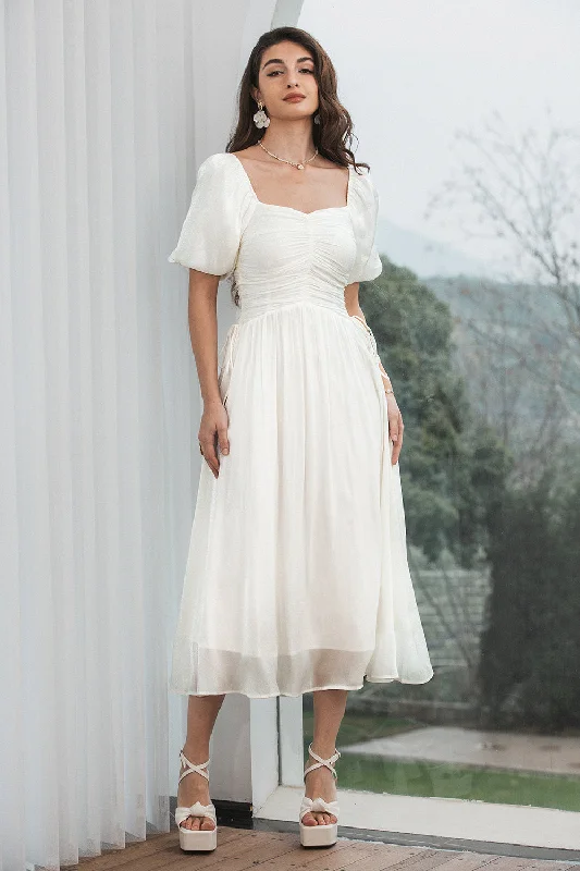 Elegant A Line Pleated White Graduation Dress with Puff Sleeves