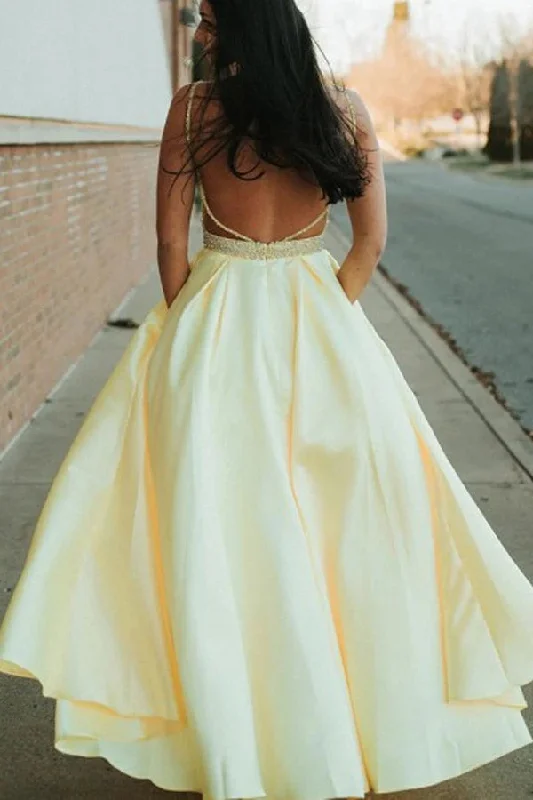 A-line Spaghetti Straps Backless Yellow Satin Prom Dress With Beading OKU5