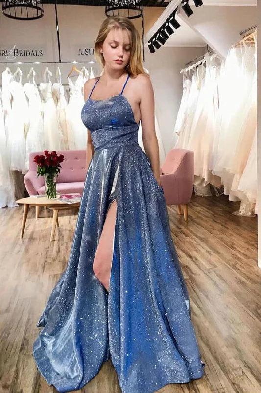 A Line Sparkly Spaghetti Straps Prom Dress Long Graduation Dress With Split OK1028