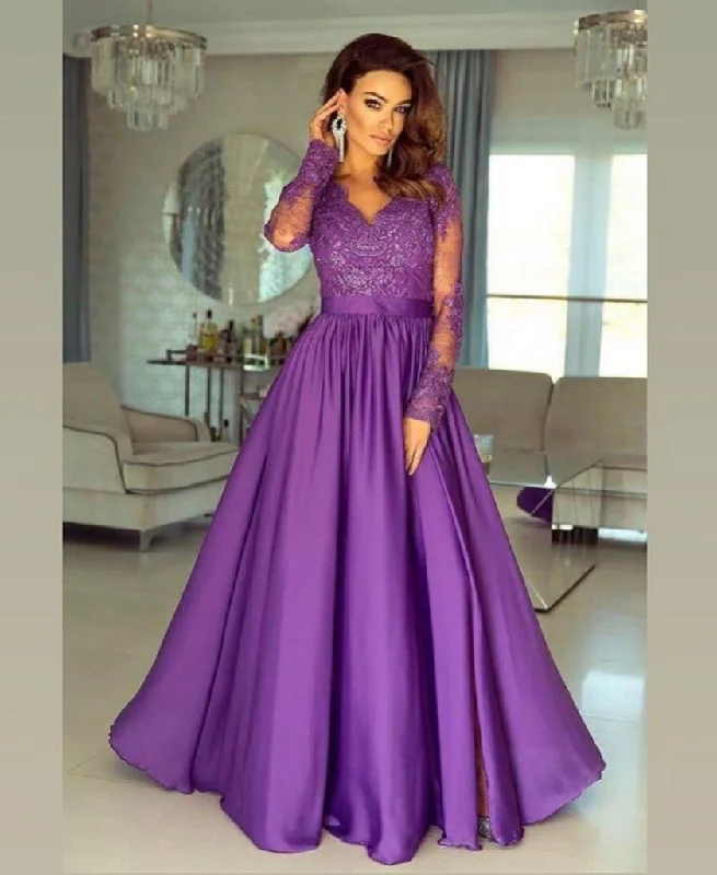 A-line V-neck Long Sleeves Prom Dress Lace Appliques Formal Gown OKR73