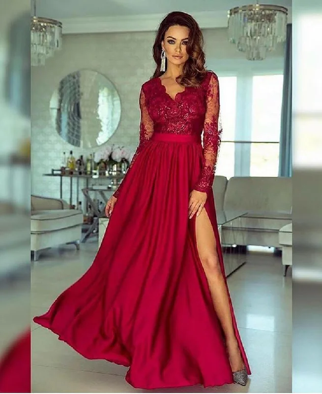 A-line V-neck Long Sleeves Prom Dress Lace Appliques Formal Gown OKR73