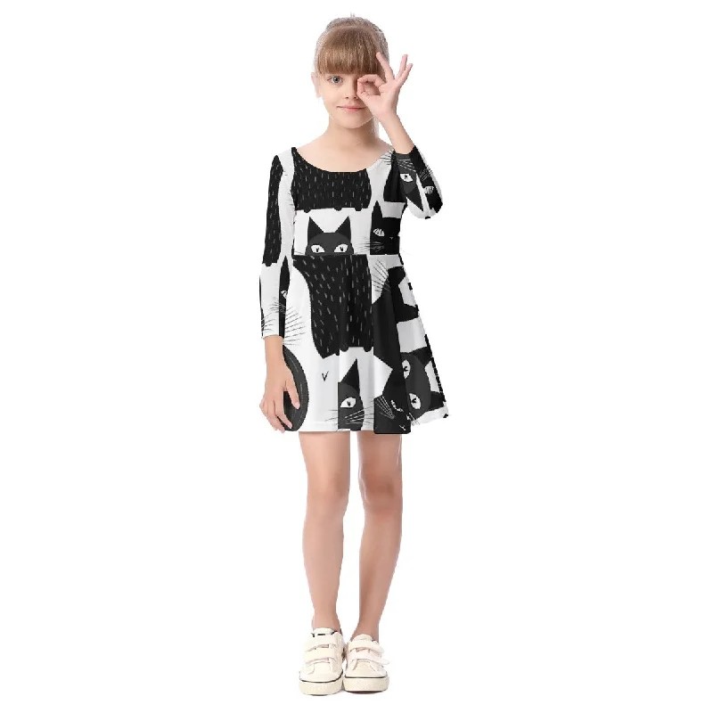 Black & White Cat Pattern Kid's Long Sleeve Dress