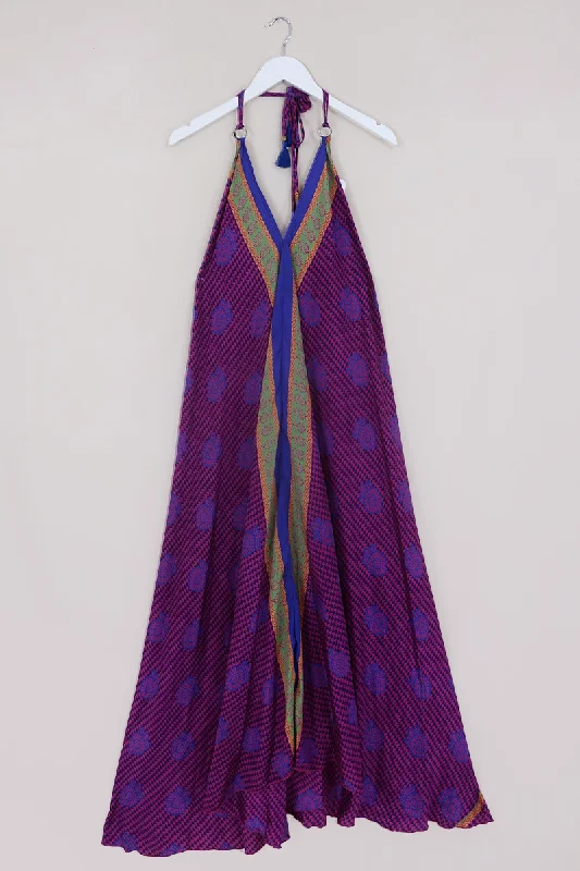 Athena Maxi Dress - Vintage Sari - Blueberry & Violet Tiles - M to L/XL