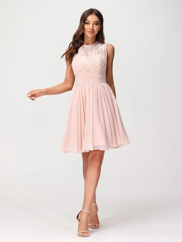 Illusion Neck Chiffon and Lace Dress-Pearl Pink