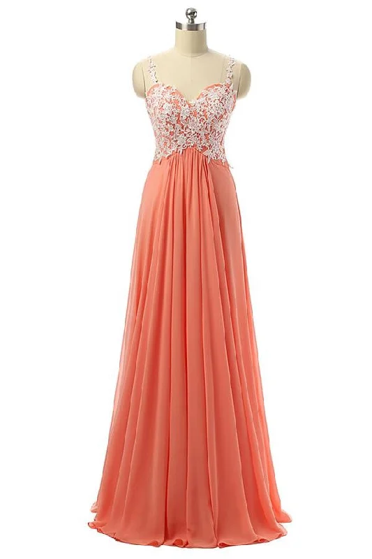 Beautiful Coral Chiffon White Lace Long Prom Dress With Straps K147