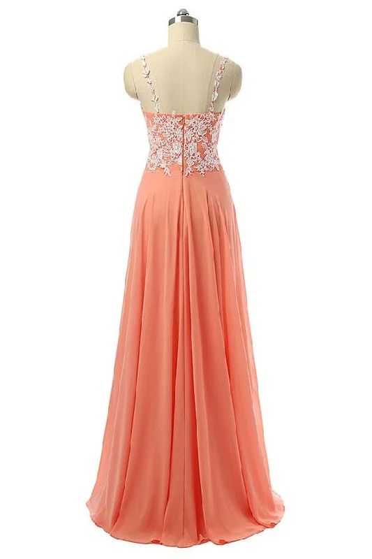 Beautiful Coral Chiffon White Lace Long Prom Dress With Straps K147