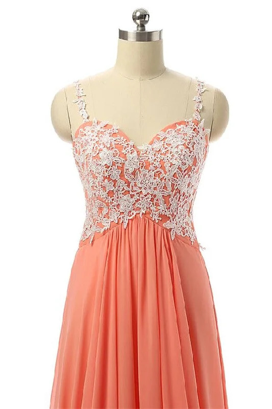 Beautiful Coral Chiffon White Lace Long Prom Dress With Straps K147