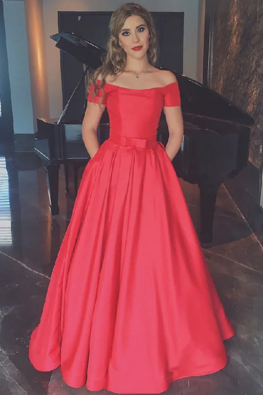 Elegant Coral Short Sleeves Off the Shoulder Ball Gowns Cheap Prom Dress With Pocket OK813