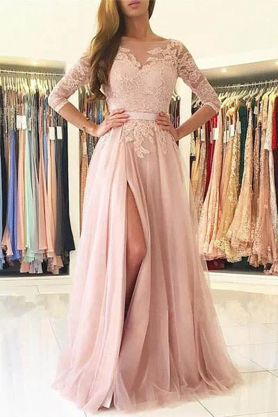 Elegant Half Sleeves Pink Tulle Long Lace Prom Dresses with Slit OK607