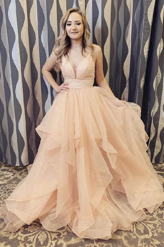 Elegant Spaghetti Straps A-line Long Prom/Formal Dress with Ruffles OKT98