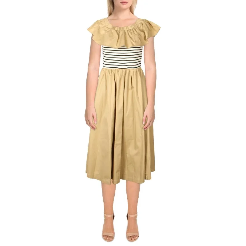 English Factory Womens Striped Off-Shoulder Fit & Flare Dress, Dune, S