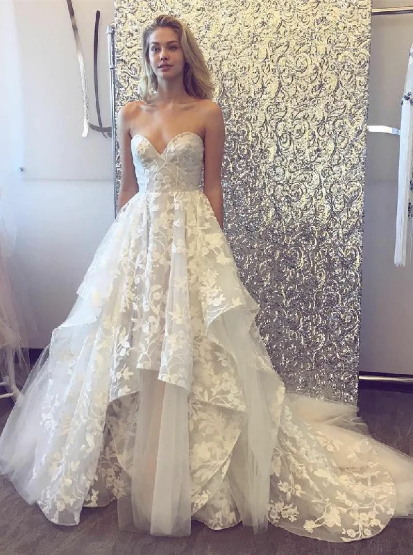 Fashion A-Line Sleeveless Sweetheart Tulle Lace Wedding Dresses OKF91