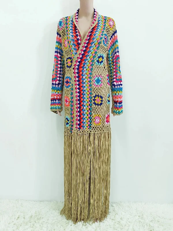 FashionSierra-Ethnic Hand-Knitted Crochet  Beach Bikini Cover Up  Women  Cardigan  Vintage  Long Sleeve  Summer Boho Dress