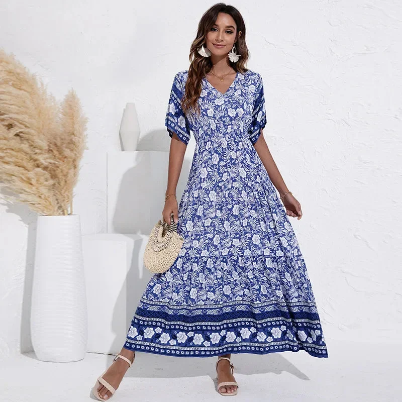 FashionSierra-Rayon Floral Print  Long  Women  Summer Robe  Casual  V-neck  Maxi  Vintage  Bohemian  Beach Boho Dress