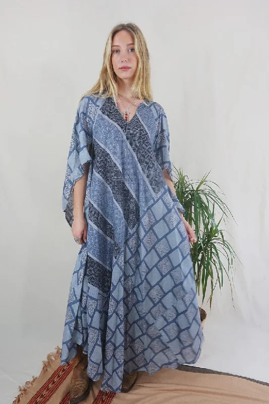 Goddess Dress - Smoke Grey Tile Motif - Vintage Pure Silk - Free Size