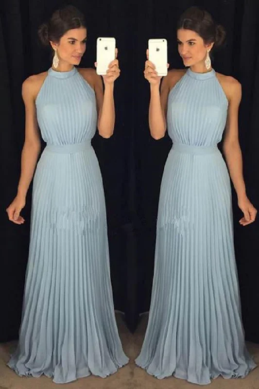 Gorgeous High Neck Halter Blue Long Chiffon Floor-Length Prom Dress OK836