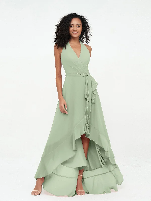 Halter Deep-V Neck Chiffon Asymmetrical Dresses-Dusty Sage