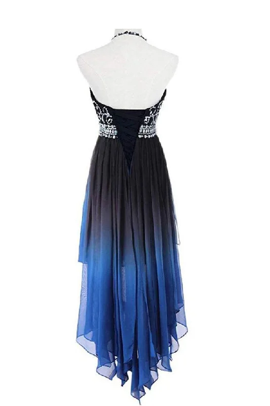 High Low Halter Sleeveless Beading Chiffon Ombre Prom Dresses OKG77