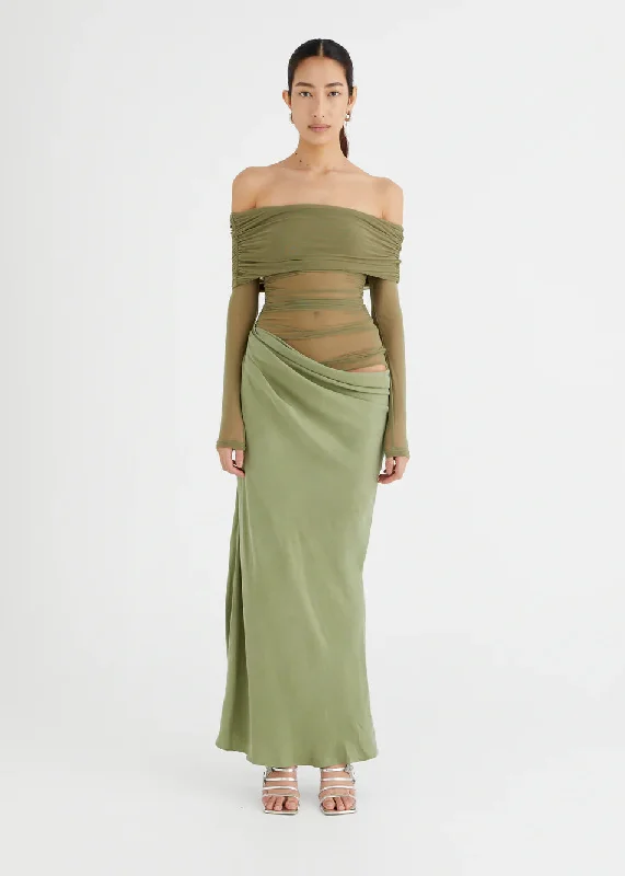 Hire BENNI Yasmin Off Shoulder Maxi Dress in Pistachio Green