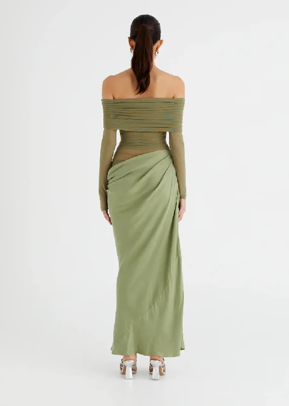 Hire BENNI Yasmin Off Shoulder Maxi Dress in Pistachio Green