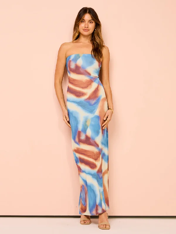 Issy Strapless Maxi Dress in Blue Marble