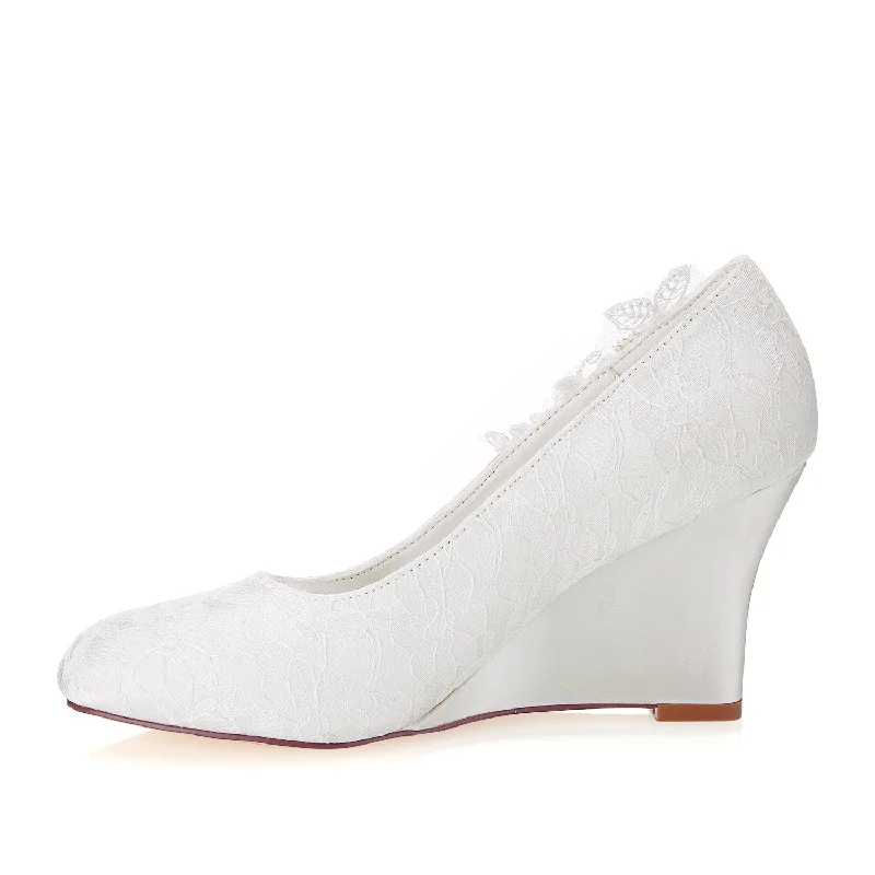 Ivory Wedge Lace Wedding Shoes with Beading, Charming Woman Shoes L-932